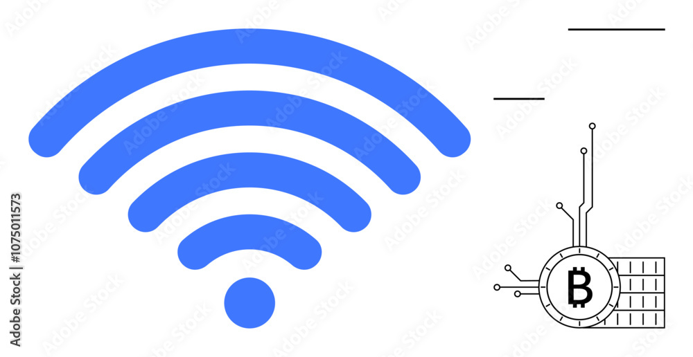 Large blue wireless signal symbol on left and Bitcoin with circuit board design on right. Ideal for technology, cryptocurrency, finance, wireless, blockchain. Simple vector style Large blue wireless signal symbol on left and Bitcoin with circuit board design on right. Ideal for technology, cryptocurrency, finance, wireless, blockchain. Simple vector style