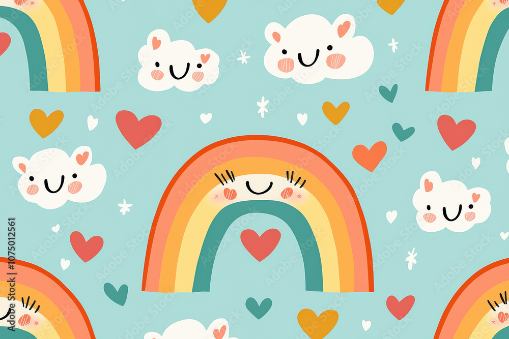 Cute seamless pattern with smiling rainbows, clouds, and hearts on a blue background. Perfect for children's decor, fabric, and stationery. Cute seamless pattern with smiling rainbows, clouds, and hearts on a blue background. Perfect for children's decor, fabric, and stationery.