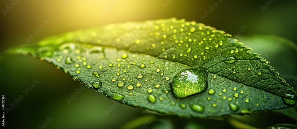 Close-Up of a Dew-Covered Leaf with Sunlight Creating a Serene and Refreshing Natural Scene Close-Up of a Dew-Covered Leaf with Sunlight Creating a Serene and Refreshing Natural Scene