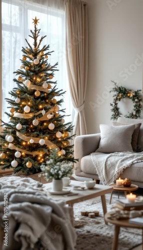 Elegant Christmas Tree with Gold and White Ornaments in Living Room