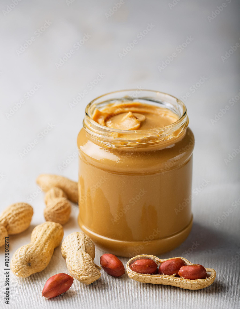 Glass jar of peanut butter. Delicious snack. Cooking and culinary concept.