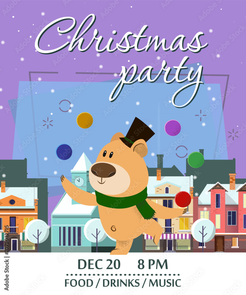Christmas party invitation design with brown bear. Inscription with brown bear joggling with multicolored balls on background with winter town. Can be used for postcards, invitations, greeting cards Christmas party invitation design with brown bear. Inscription with brown bear joggling with multicolored balls on background with winter town. Can be used for postcards, invitations, greeting cards