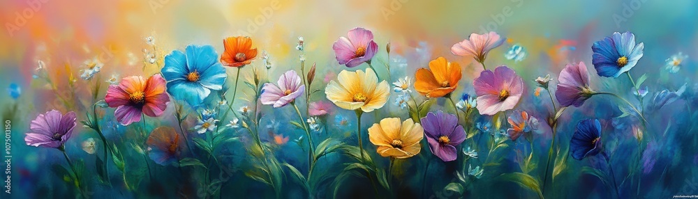 Vibrant Wildflowers in a Dreamy Meadow with Soft Focus and Colorful Blooms Under a Warm, Glowing Sky