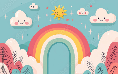 Whimsical illustration of a rainbow, smiling clouds, and a happy sun amidst colorful leaves, creating a cheerful and playful atmosphere.