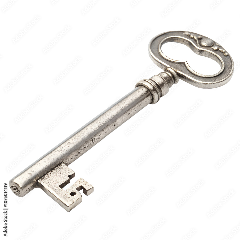 A polished silver key with a traditional shape, isolated on a transparent background A polished silver key with a traditional shape, isolated on a transparent background