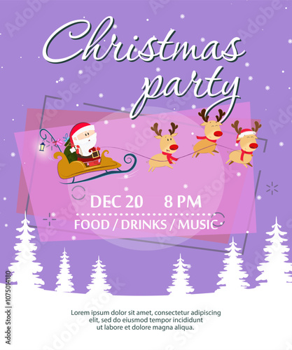 Christmas party invitation design with Santa in sleigh. Inscription with Santa Claus sitting in sleigh with deer on green background. Can be used for postcards, invitations, greeting cards