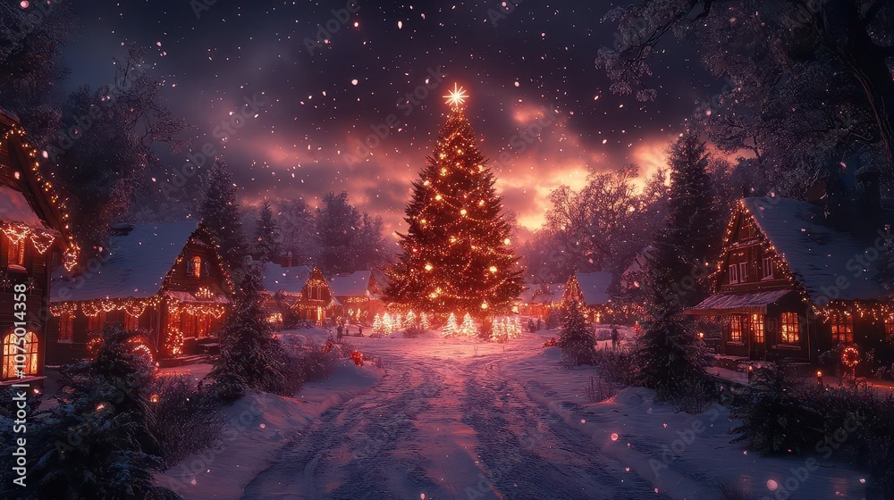 charming snowy christmas village scene with a large, beautifully decorated christmas tree at the center, surrounded by quaint houses and pine trees, radiating a magical holiday spirit charming snowy christmas village scene with a large, beautifully decorated christmas tree at the center, surrounded by quaint houses and pine trees, radiating a magical holiday spirit