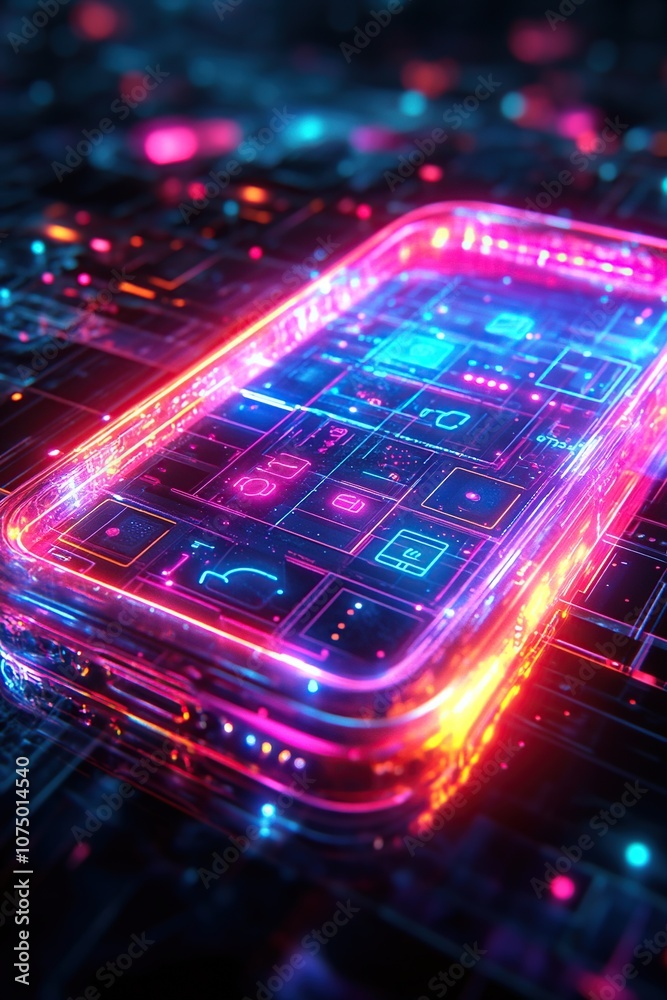 A futuristic concept illustration of a high-tech smartphone floating in space. A futuristic concept illustration of a high-tech smartphone floating in space.