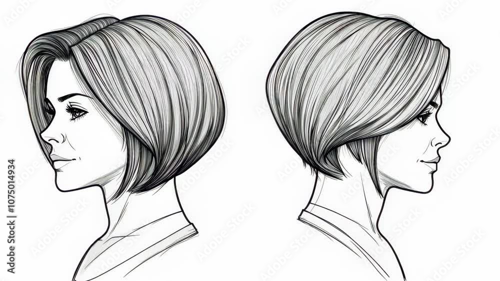 This is a drawing of a woman with a short bob haircut, viewed from the side