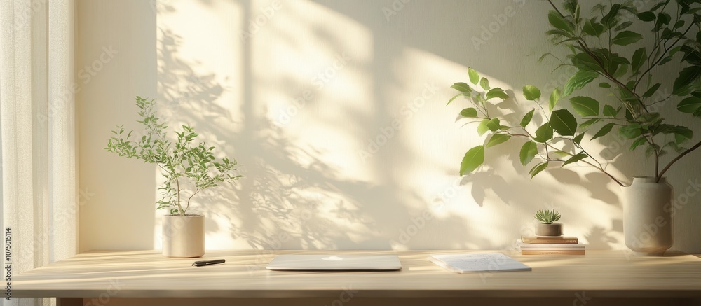 Sunlit Minimalist Workspace with Green Plants and Laptop on Wooden Desk in Bright Modern Home Office