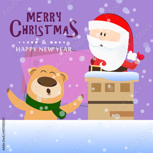 Merry Christmas and Happy New Year creative postcard design. Inscription with Santa Claus and bear on background with snow. Can be used for postcards, greeting cards, leaflets