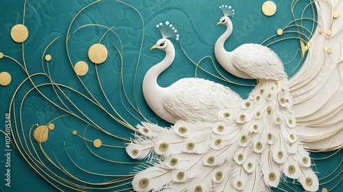 3D Luxury Wallpaper with White Peacocks and Gold Lines on Teal Background. AI generated illustration