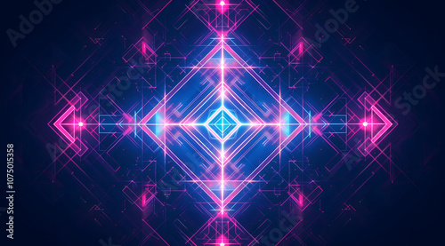 Background with glowing pink and blue geometric shapes forming a symmetrical futuristic pattern, ideal for sci-fi, digital art, or tech-themed projects