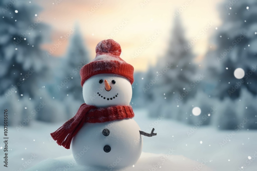Merry christmas and happy new year greeting card with copy-space.Happy snowman standing In the middle in christmas landscape.Snow background.Winter fairytale Merry christmas and happy new year greeting card with copy-space.Happy snowman standing In the middle in christmas landscape.Snow background.Winter fairytale