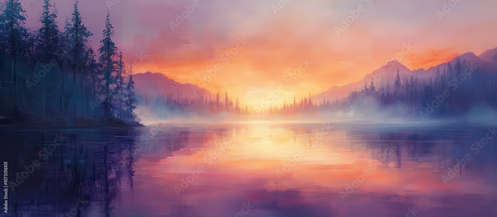 Stunning Sunrise Over Misty Lake with Reflections of Pine Trees and Mountains in a Serene Landscape Stunning Sunrise Over Misty Lake with Reflections of Pine Trees and Mountains in a Serene Landscape
