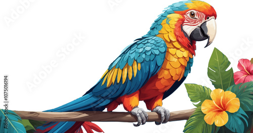Parrot illustrated with a vibrant mix of green, blue, and red feathers, capturing a curious and expressive look.