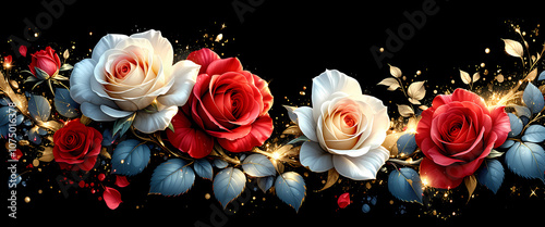 Wallpaper Mural Rote und weiße Rosen leuchten und glitzern auf schwarzen Hintergrund, zur Hochzeit oder zum Valentinstag. Torontodigital.ca