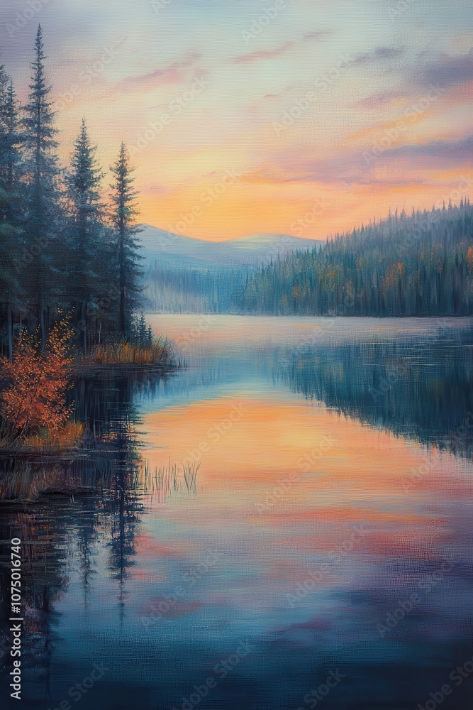 Serene Lake at Sunset with Reflections of Pine Trees and Mountains in a Tranquil Autumn Landscape Serene Lake at Sunset with Reflections of Pine Trees and Mountains in a Tranquil Autumn Landscape