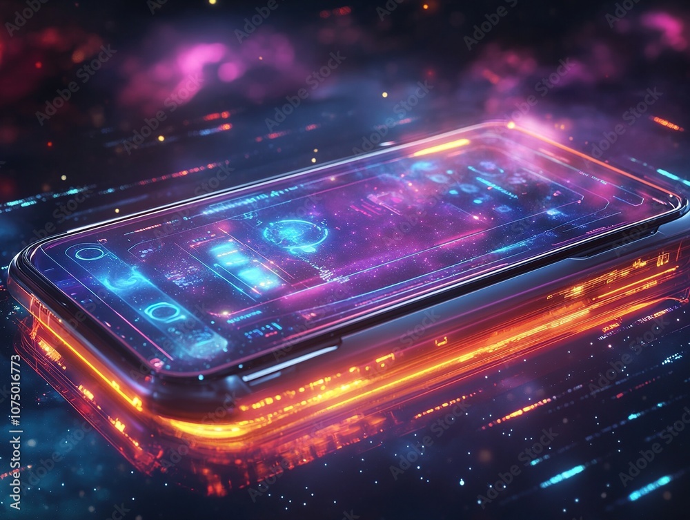 A futuristic concept illustration of a high-tech smartphone floating in space. A futuristic concept illustration of a high-tech smartphone floating in space.