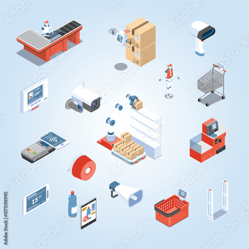 supermarket future isometric icons set scanner buyers robot unloader anti theft doors electronic  price tag isolated
