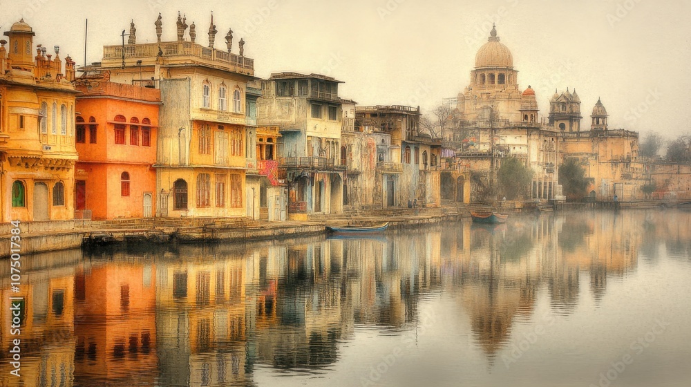 Naklejka premium Serene Early Morning View of Tranquil Lake Landscape