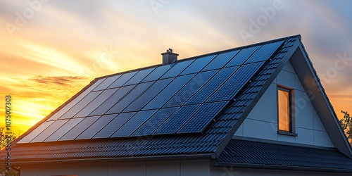 A modern house with solar panels on the roof at sunset.