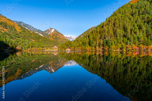 Autumn landscape in beautiful colorful nature scenic view at mirror lake with water reflection in jiuzhaigou national park