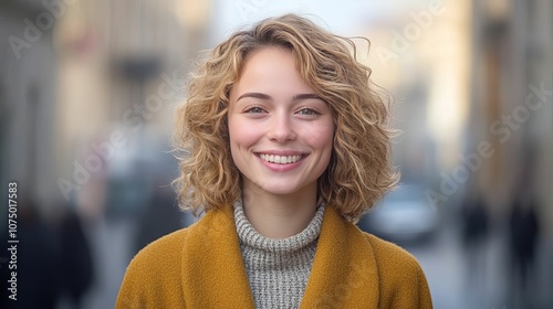 Portrait of a smiling young woman with curly blonde hair wearing a mustard yellow coat photo