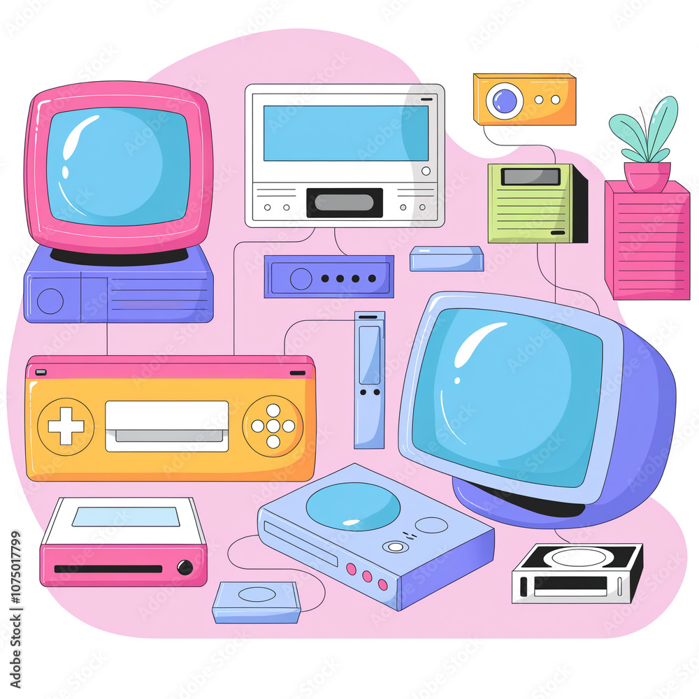 Set of 90s 00s retro devices in modern memphis style. Vintage audio player, cassette, old pc, floppy disk, mobile telephone, game console vector illustration. Nostalgia for 1990s.
Set of 90s 00s retro devices in modern memphis style. Vintage audio player, cassette, old pc, floppy disk, mobile telephone, game console vector illustration. Nostalgia for 1990s.
