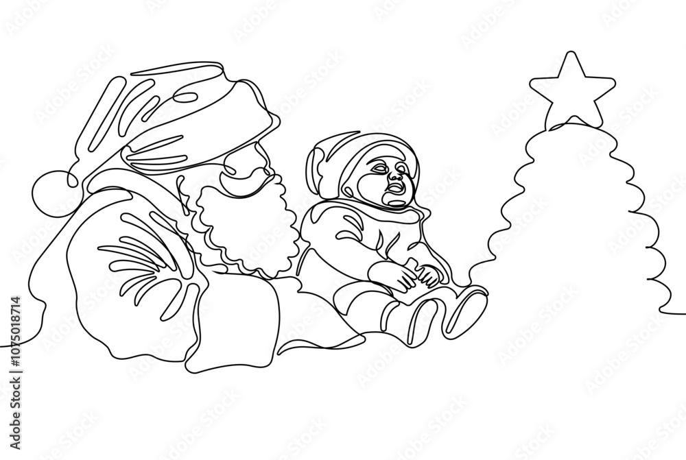 Character With A Sack Full Of Gifts. Vector Hand Drawn Illustration. One continuous line drawing Santa Claus on reindeer and sled. concept for Christmas and New Year Character With A Sack Full Of Gifts. Vector Hand Drawn Illustration. One continuous line drawing Santa Claus on reindeer and sled. concept for Christmas and New Year