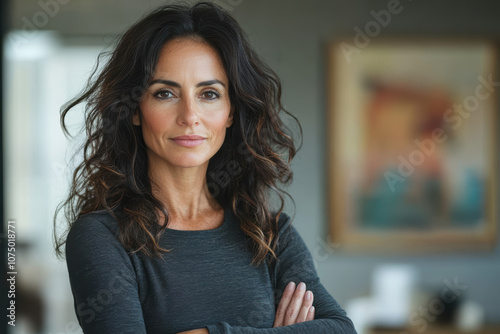Confident woman with wavy hair wearing a grey top, stands with arms crossed in a modern, warmly lit room with an abstract painting in the background.