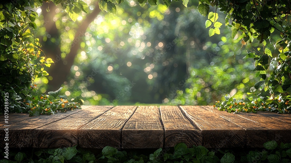A serene forest scene with a wooden platform surrounded by lush greenery and soft lighting. A serene forest scene with a wooden platform surrounded by lush greenery and soft lighting.