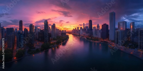 Aerial Photograph of Chicago Skyline at Sunset. AI generated illustration