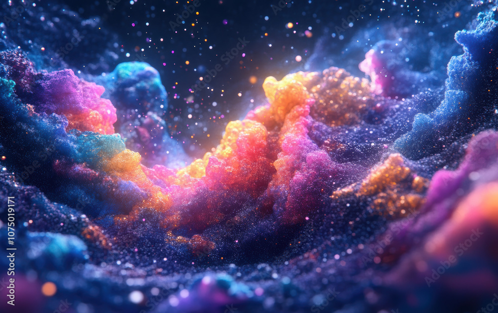 Obraz premium Vivid abstract cosmic cloudscape with vibrant colors and glowing particles in a nebulous space setting, offering a mesmerizing visual experience.