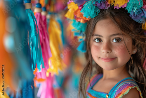 Generative AI Image of a Smiling Child in Colorful Traditional Costume at a Festive Holiday Celebration