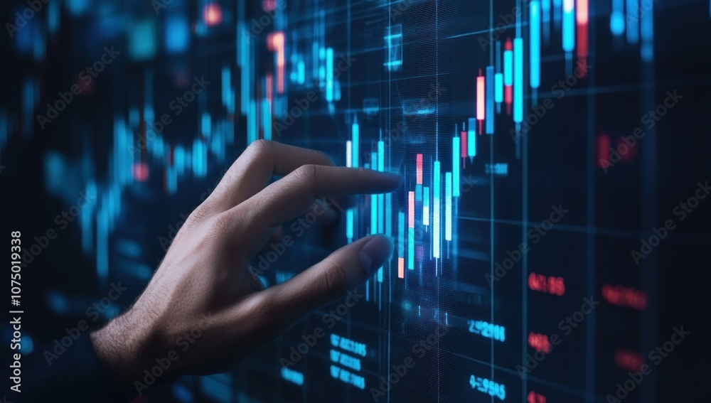 Hand Interacting with Financial Data on a Digital Screen Hand Interacting with Financial Data on a Digital Screen