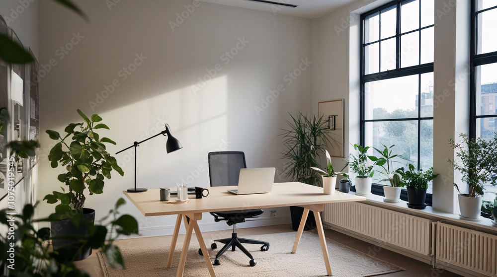 The workspace is filled with natural light through large windows, showcasing a desk with a laptop, chair, and various potted plants for a refreshing atmosphere The workspace is filled with natural light through large windows, showcasing a desk with a laptop, chair, and various potted plants for a refreshing atmosphere