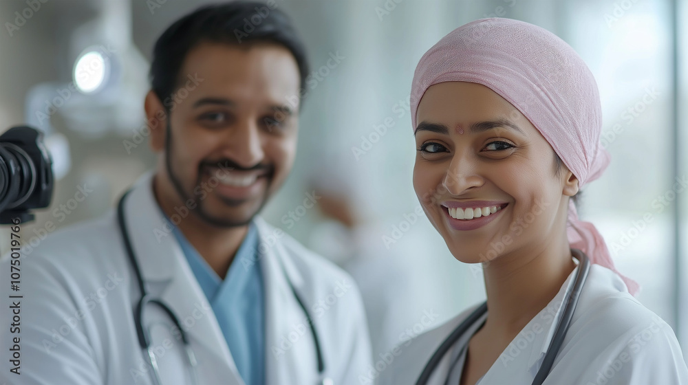 Oncology specialists smiling as they walk to a consultation, close up on hopeful expressions, theme of fighting cancer, hyper-realistic, Fusion, oncology corridor backdrop