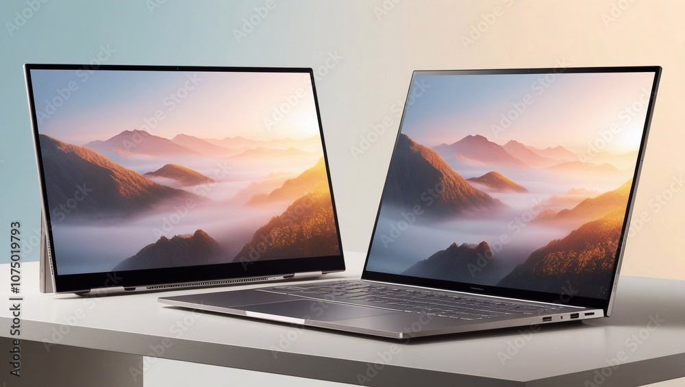 Fototapeta premium Extended screen laptops, a seamless workspace with stunning wallpapers