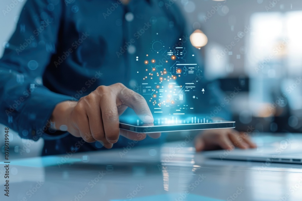 Person Using Tablet with Digital Holographic Interface Representing Technology and Innovation Person Using Tablet with Digital Holographic Interface Representing Technology and Innovation
