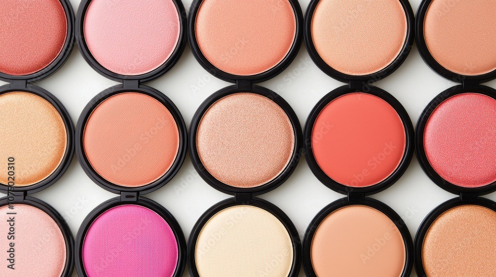 A vibrant assortment of blush compacts in various shades, neatly arranged, showcasing a range of soft to bold hues for cosmetic use. A vibrant assortment of blush compacts in various shades, neatly arranged, showcasing a range of soft to bold hues for cosmetic use.