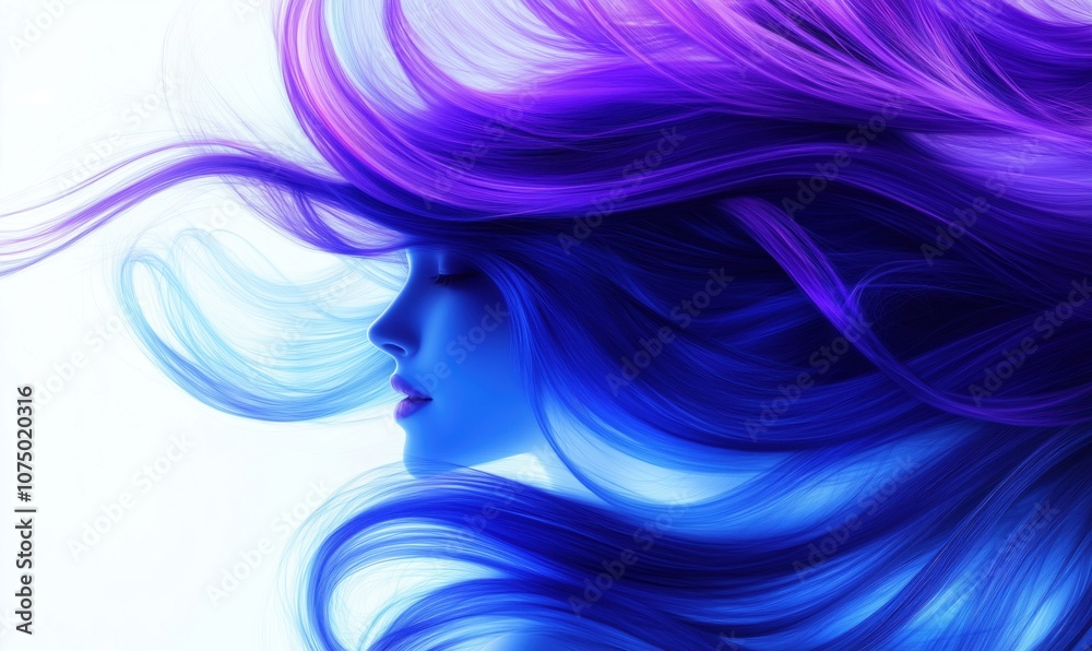 Vibrant hair flowing in shades of purple and blue, ethereal beauty, serene expression Vibrant hair flowing in shades of purple and blue, ethereal beauty, serene expression