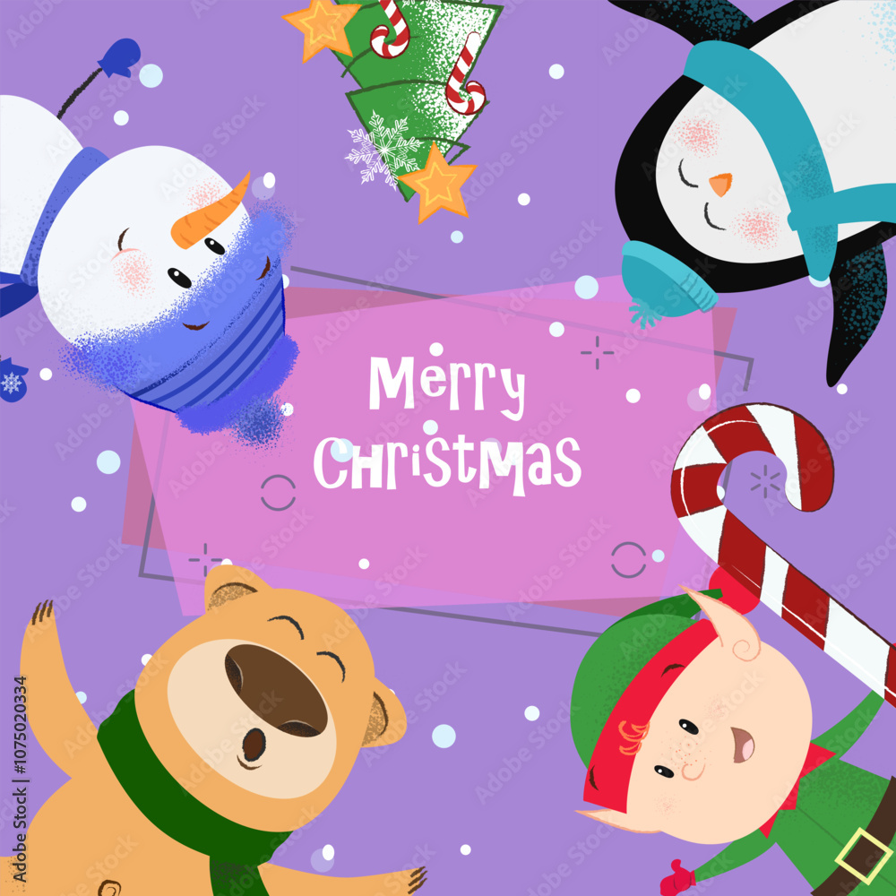 Fototapeta premium Merry Christmas banner design with cute cartoons. Inscription with penguin, bear, elf and snowman on purple background. Can be used for postcards, invitations, greeting cards
