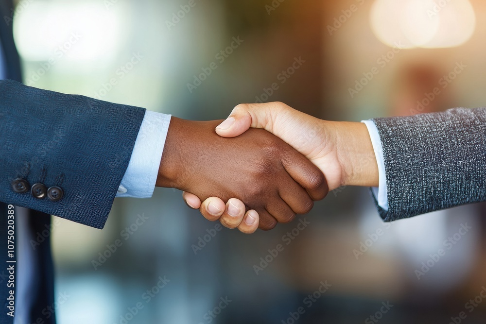 Two businesspeople shaking hands in modern office setting Two businesspeople shaking hands in modern office setting