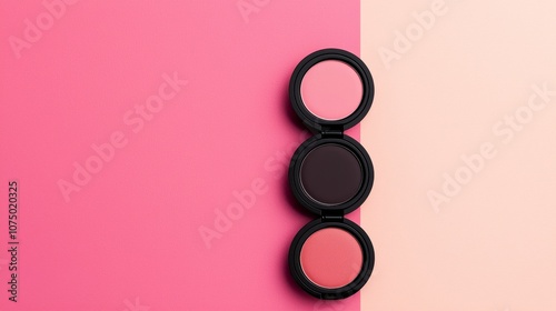 A visually pleasing arrangement of three makeup powders against a pink background, showcasing vibrant colors in a minimalistic style.