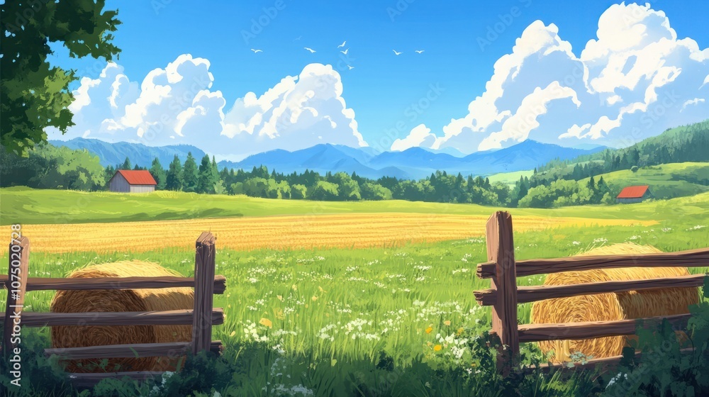 Obraz premium Serene farm setting with a wooden fence, hay bales, and vast green fields under a blue sky