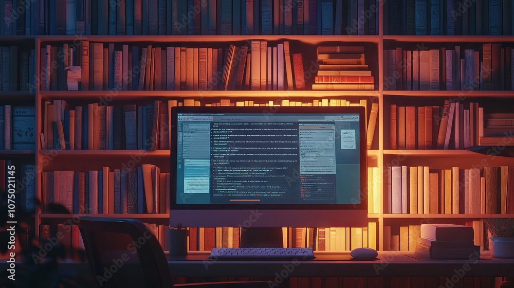 Fototapeta premium Minimalist Online Library Interface in Evening Light. AI generated illustration