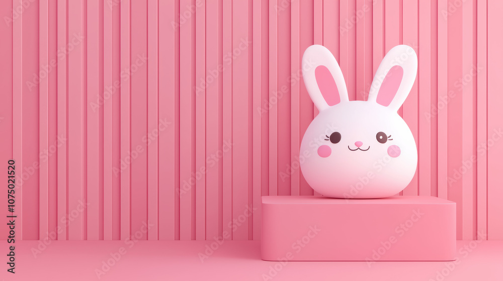 Obraz premium Cute white bunny toy on a pink pedestal against a striped pink background, perfect for children's products or nursery decor.
