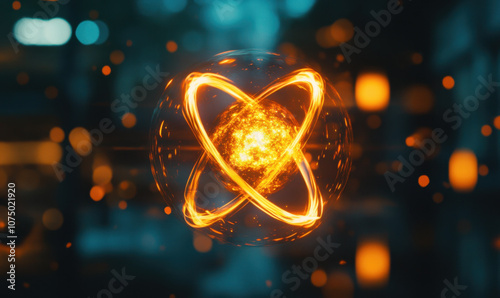 A glowing atom symbolizing the concept of nuclear energy with a blurred background