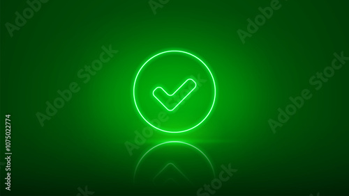 Glowing green neon Checkmark. Checkmark web button for vote.  Bright check tik icon. Check mark sign. Vector illustration